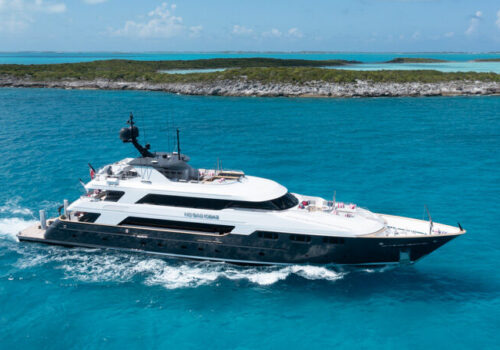 Running profile of NO BAD IDEAS, a 160' Trinity yacht for sale.