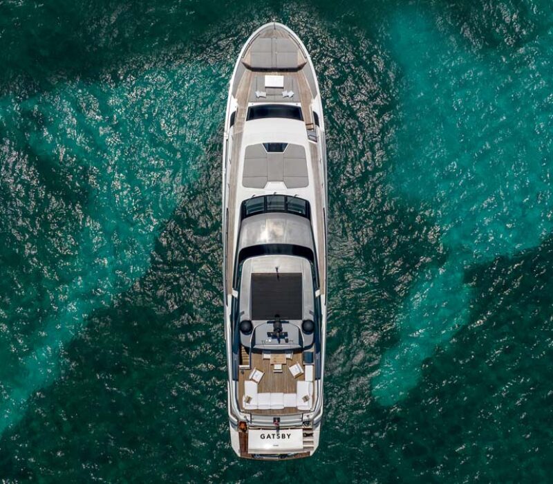 Aerial profile of GATSBY, a 97 foot Sanlorenzo yacht for charter.