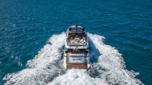 Aft profile of GATSBY, a 97 foot Sanlorenzo yacht for charter.