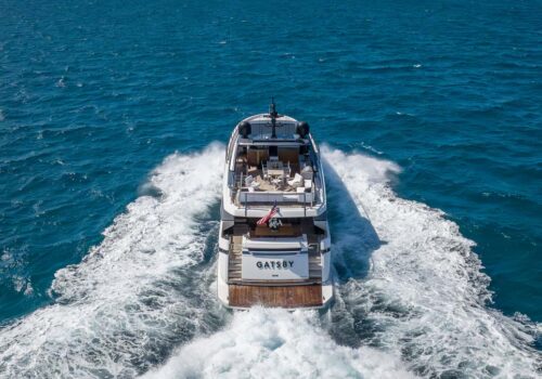 Aft profile of GATSBY, a 97 foot Sanlorenzo yacht for charter.
