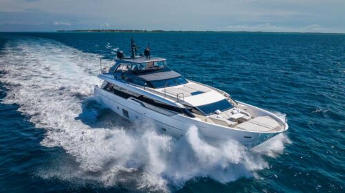 Aerial profile of GATSBY, a 97 foot Sanlorenzo yacht for charter.