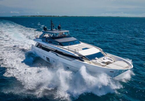 Aerial profile of GATSBY, a 97 foot Sanlorenzo yacht for charter.