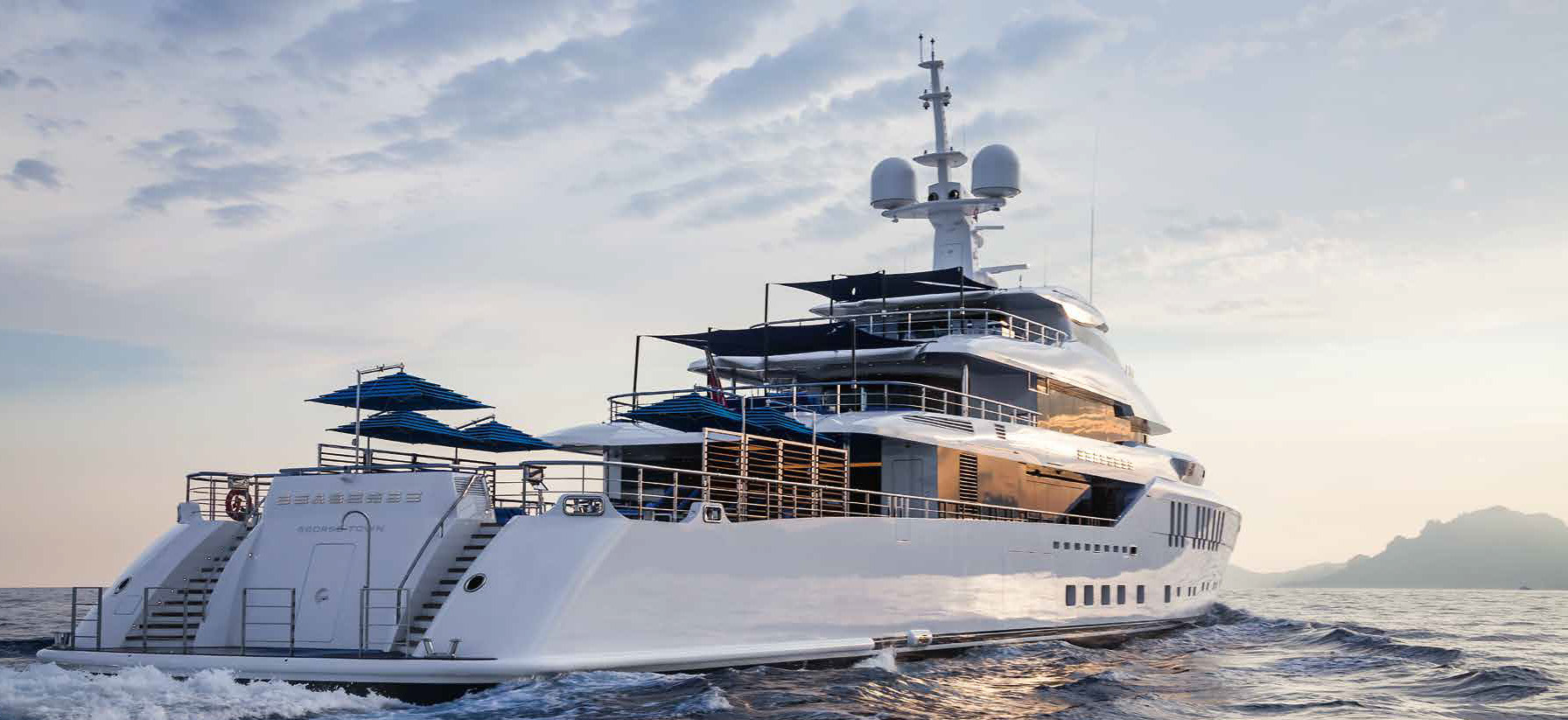 Aft profile of 220' Megayacht SEASENSE