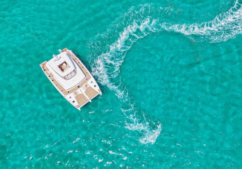 Aerial profile of PLAYTIME, a 64 foot Lagoon yacht for charter in The Bahamas.
