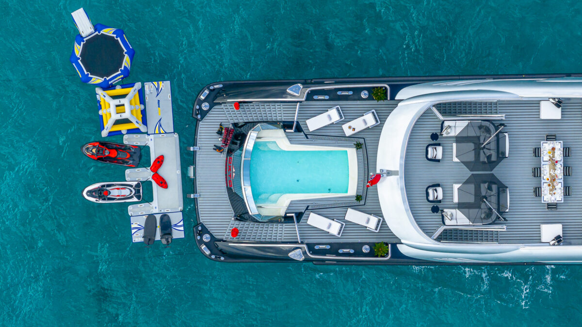 Aerial of OKTO 218 foot ISA yacht for charter.