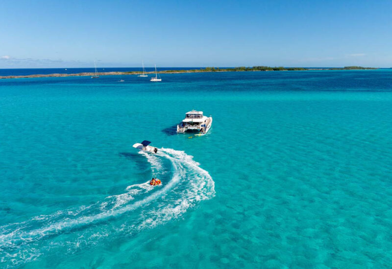Aerial profile of PLAYTIME, a 64 foot Lagoon yacht for charter in The Bahamas.
