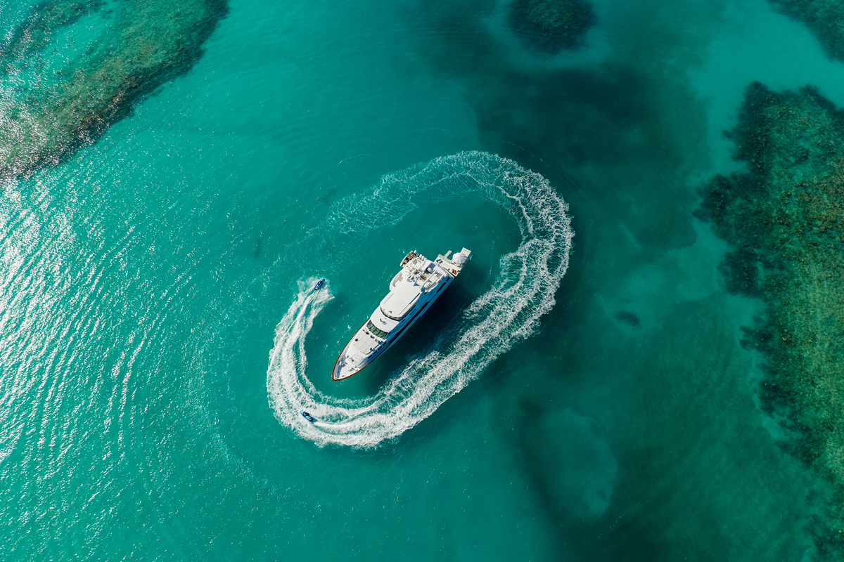 Aerial of 124' Bahamas charter yacht PURSUIT
