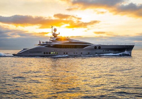Profile of SANAM, a 171' (52.4m) Palmer Johnson yacht for sale.